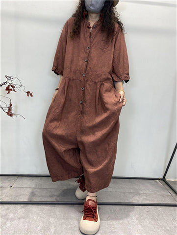 Women Summer Retro Solid Button Pocket Loose Jumpsuits
