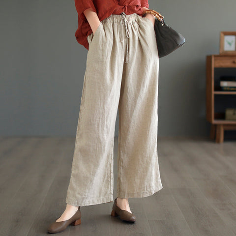 Women Summer Solid Loose Linen Casual Wide Leg Pants