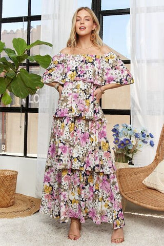 Layered Floral Off-Shoulder Short Sleeve Summer Maxi Dress