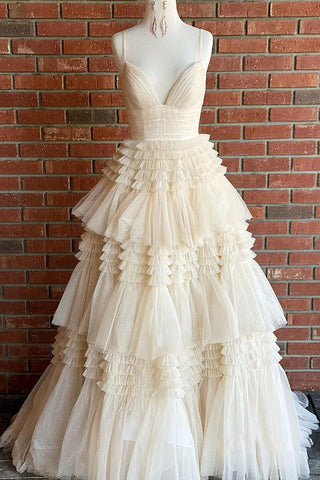Tulle Tiered Spaghetti Straps Long Prom Dress with Slit