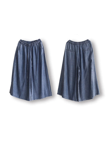 Women Summer Retro Solid Loose Wide-leg Pants