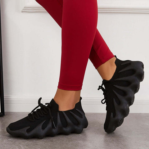 White Breathable Lace Up Running Sneakers Knit Athletic Shoes