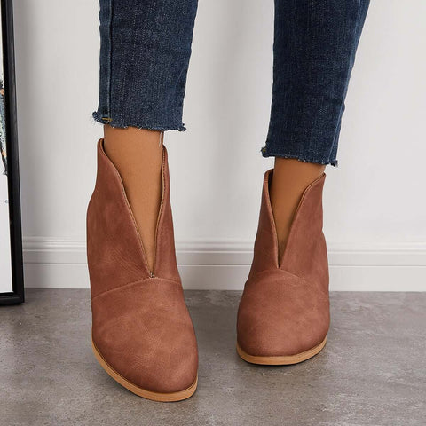 Retro Western V Cut Ankle Boots Slip On Chunky Stacked Heel Booties