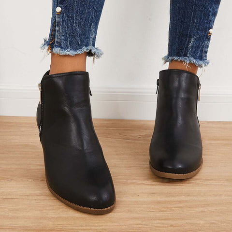 Chunky Block Heel Ankle Boots Side Zipper Booties