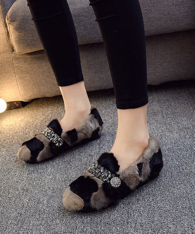 Schwarz Khaki Nerz Haar Boutique Spleißen Zirkon Flache Schuhe