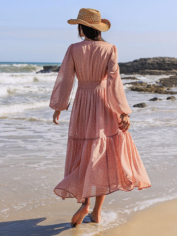 Langärmliges Midikleid mit Stickerei und Polka Dots zum Binden am Hals