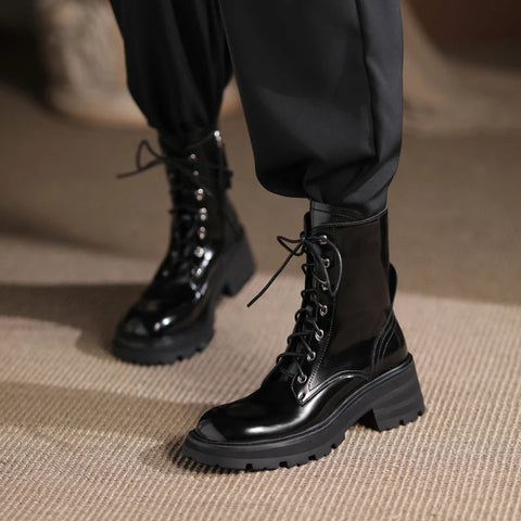 Women's Boots Autumn 2024 New British Style Genuine Leather Women's Ankle Boots Thick-soled Lace-up Shoes Women Platform Boots