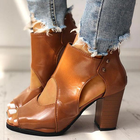 Peep Toe Cut Out Ankle Boots Chunky Block Heel Booties