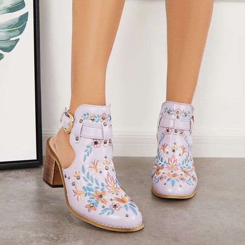 Pink Cutout Embroidered Chunky Heels Ankle Strap Slingback Sandals