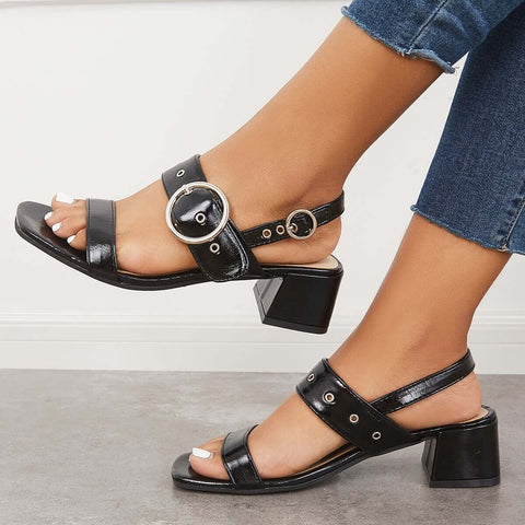 Square Toe Block Low Heel Dress Shoes Buckle Straps Sandals
