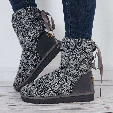Knit Splicing Warm Ankle Boots Lace Up Winter Short Booties