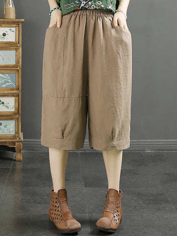 Women Summer Solid Pocket Pleat Linen Knee-Length Pants