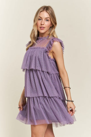 Muave Layered Ruffled Cap Sleeve Mesh Dress