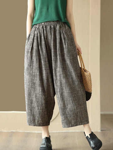 Plus Size Women Summer Vintage Stripe Pocket Loose Linen Harem Pants