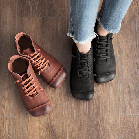 Round Toe Leather Casual Women Shoes