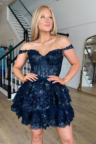 Princess A Line Off the Shoulder Black Corset Homecoming Dress