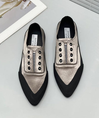0508Khaki Silk Blended Boutique Splicing Pointed Toe Flat Shoes For Women