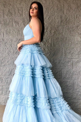 Tulle Tiered Spaghetti Straps Long Prom Dress with Slit