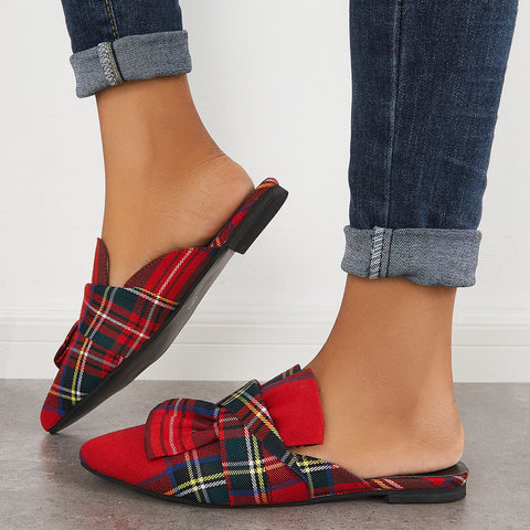 Pointed Toe Bowtie Flat Mule Loafers Walking Slippers