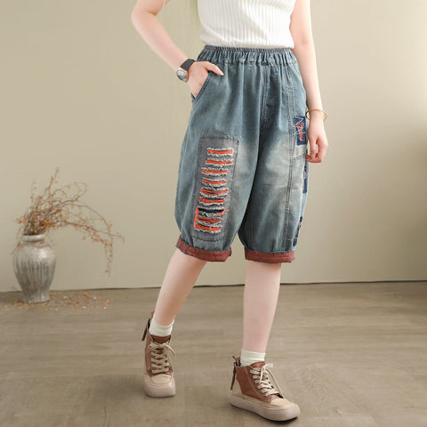 Women Summer Casual Minimalist Patchwork Denim Shorts