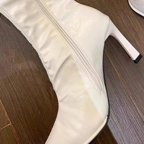 Wind Trouser Boots Women High Heel Shoes 2024 Spring Autumn New Lady Soft Leather Thin Heels Pointed Knee Length Knight Boots