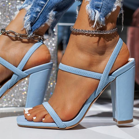 Square Toe Thick Heel Sandals Elastic Straps Chunky High Heels
