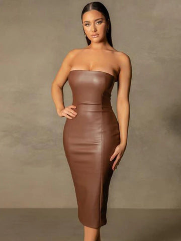 Pu Faux Leather Women Midi Party Dress Women Backless Sexy Hot Clubwear Skinny Slim Solid Fashion Elegant Bodycon Dresses