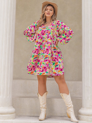 Plus Size Printed V-Neck Mini Vacation Dress