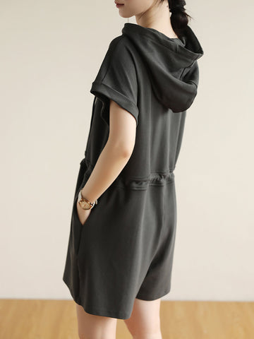 Women Summer Casual Solid Drawstring Cotton Hooded Jumpsuits