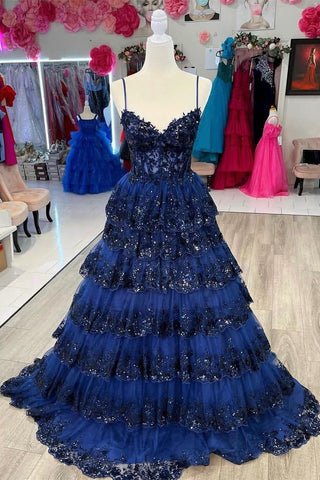 A-Linien-Ballkleid mit Spaghettiträgern und gestufter Spitze