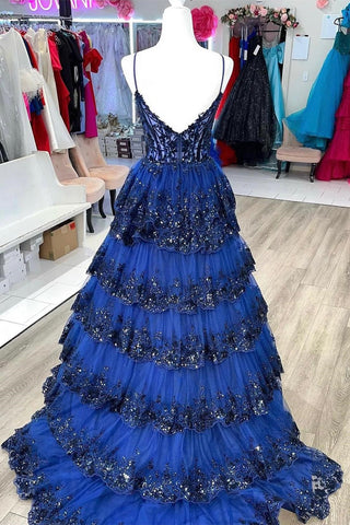A-Linien-Ballkleid mit Spaghettiträgern und gestufter Spitze