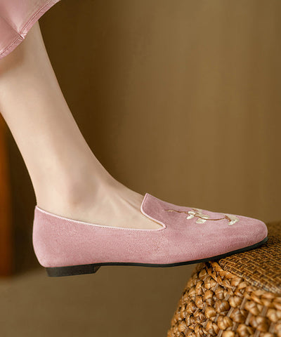Rosa Stickerei Wildleder Flache Schuhe Für Frauen Retro