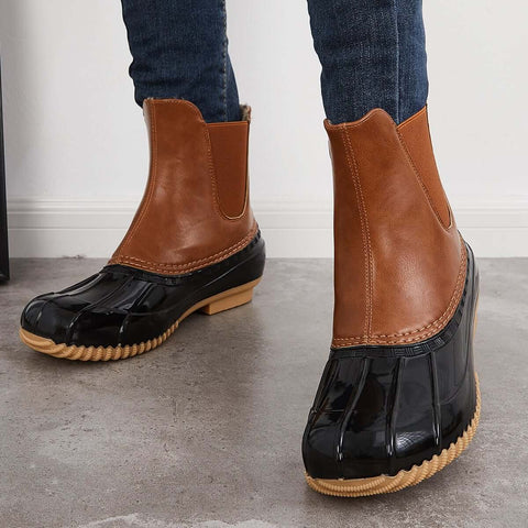 Waterproof Slip on Duck Booties Two Tone Chelsea Ankle Boots