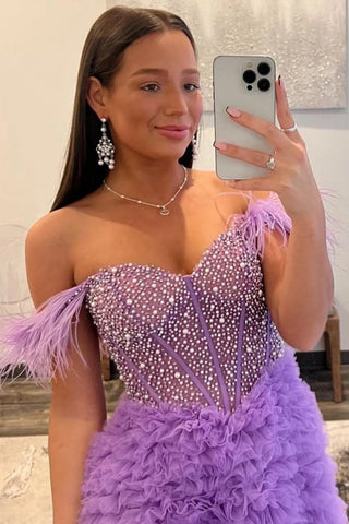 Purple Off the Shoulder Tulle Tiered A-Line Long Corset Prom Dress with Feather