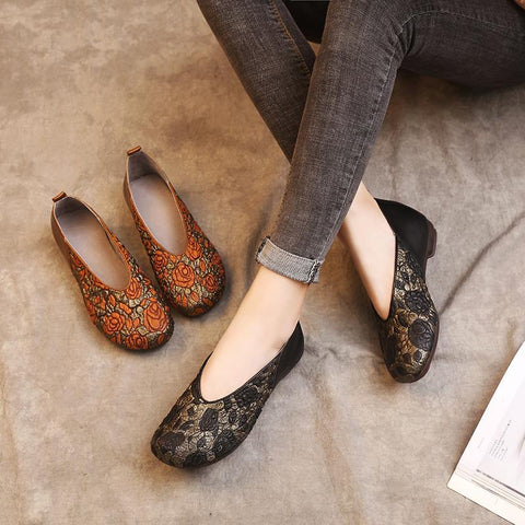 National Style Slip-On Round Toe Cowhide Casual Shoes