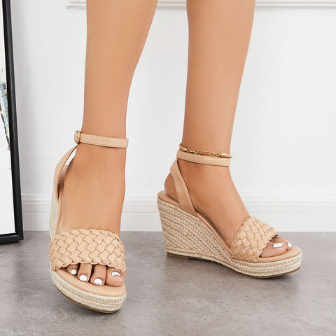 Open Toe Espadrille Wedges Braided Vamp Ankle Strap Sandals
