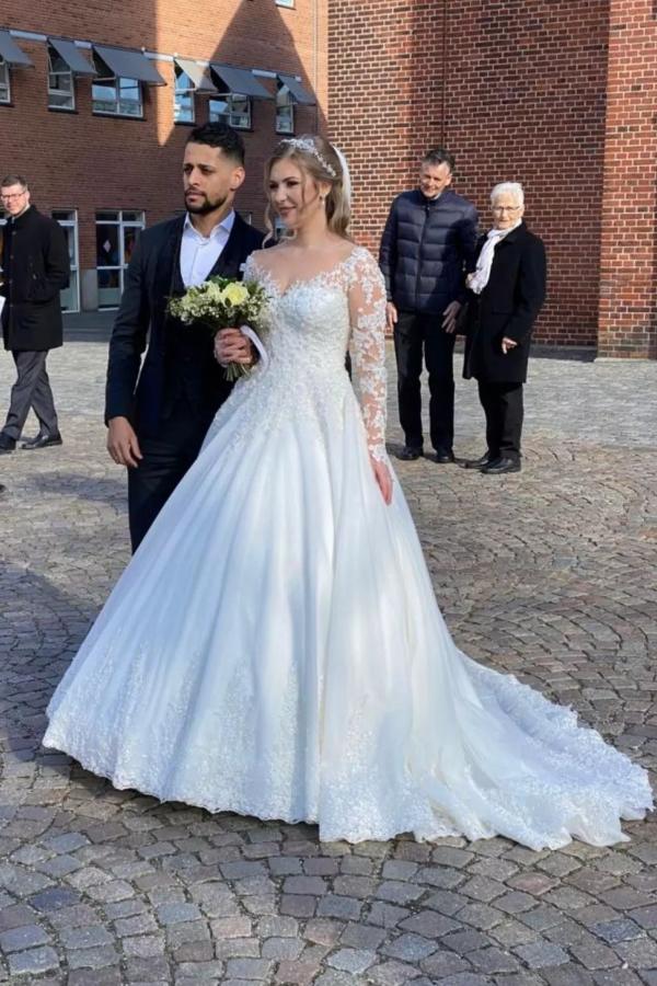 Bmbridal Long Sleeves Lace Wedding Dress Princess V-Neck On Sale