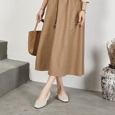 Summer Solid Hollow Leather Heel Casual Shoes