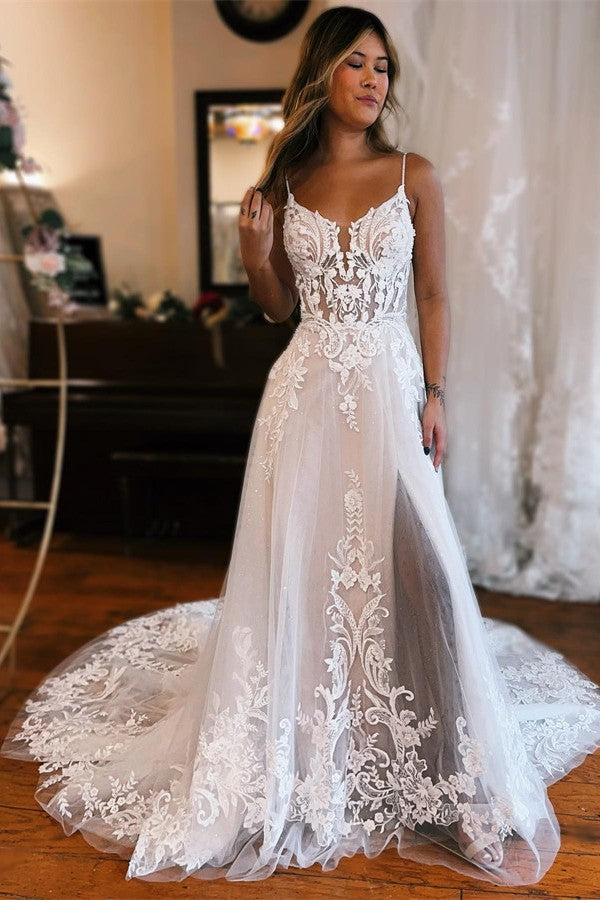 Bmbridal Spaghetti-Straps V-Neck Wedding Dress Split With Lace Appliques