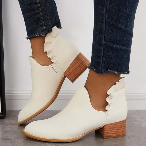V-Cut Ruffle Ankle Boots Slip on Chunky Stacked Heel Booties