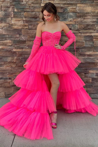 A-Line Asymmetrical Strapless Tiered Tulle Prom Dress