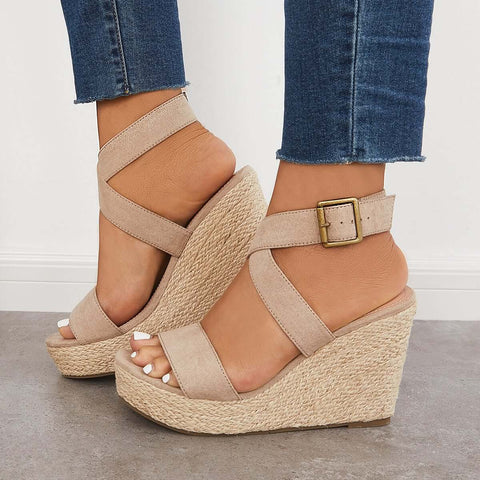 Criss Cross Ankle Strap Espadrille Wedge Platform Sandals