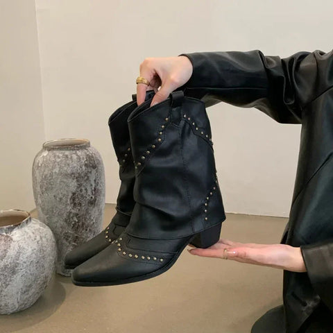 Woman Cowgirl Boots Fashion Slip On Ladies Elegant Square Heel Short Boots Shoes Retro Women's Winter Footwear