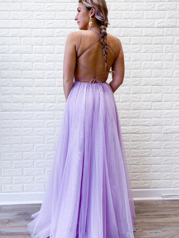 A-Linie Lila rückenfreies langes Tüll-Ballkleid