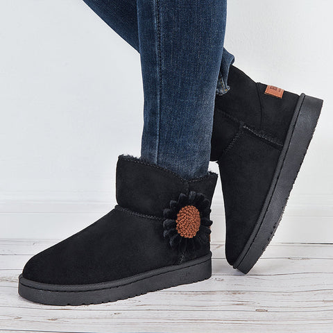 Warme Kunstpelz-Knöchel-Schneestiefel mit Blumen-Winterstiefeletten