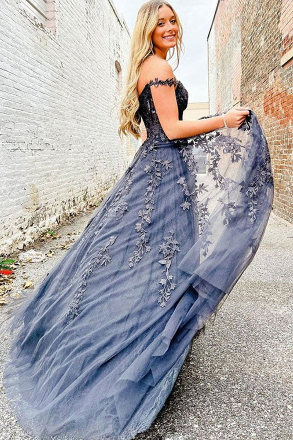 Navy Off the Shoulder Prom Dress with Appliques