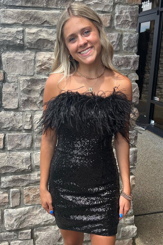 Sheath Strapless Blue Sequins Short Homecoming Dress with Feathers