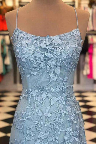 Spaghetti Straps Backless Appliques Prom Dress