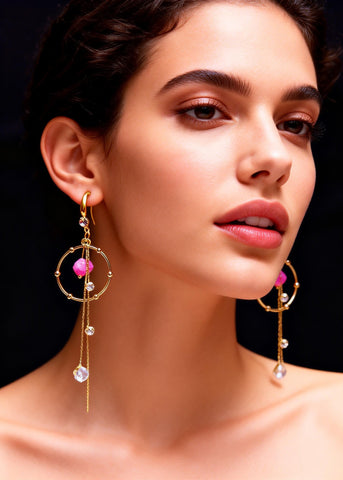 Boho Pink Zircon Tassels Long Drop Earrings