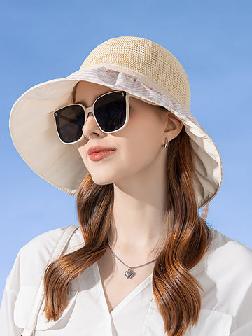 Summer Casual Straw Spliced Plaid Drawstring Hat